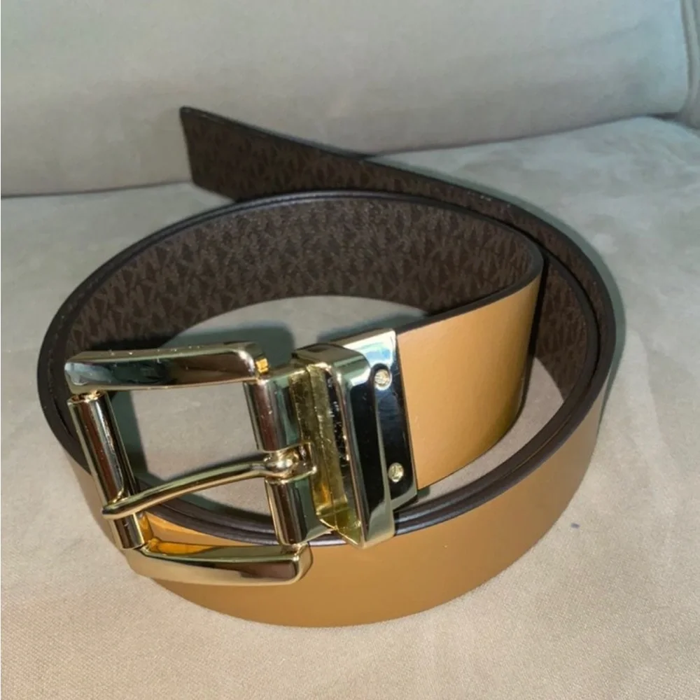 Michael Kors MK Logo Reversible Brown Belt Gold Buckle Plus Size 1X 50”